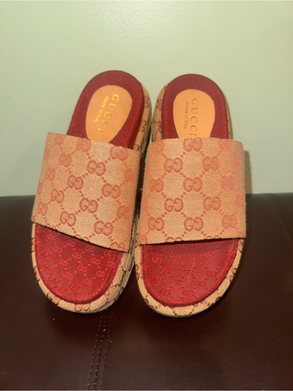 Gucci Beige Monogram Slide Sandals with Red Footbed
